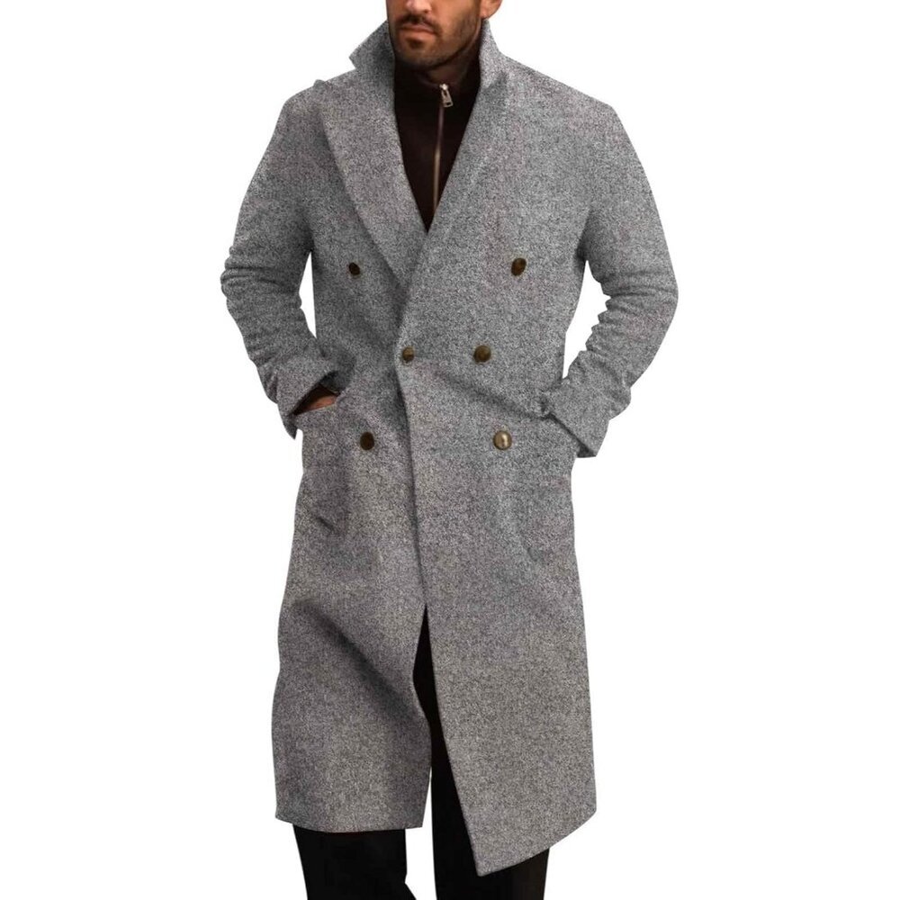 Men's Grey Wool Blend Casual Trench Coat Notched Collar Lapel Breasted Coat